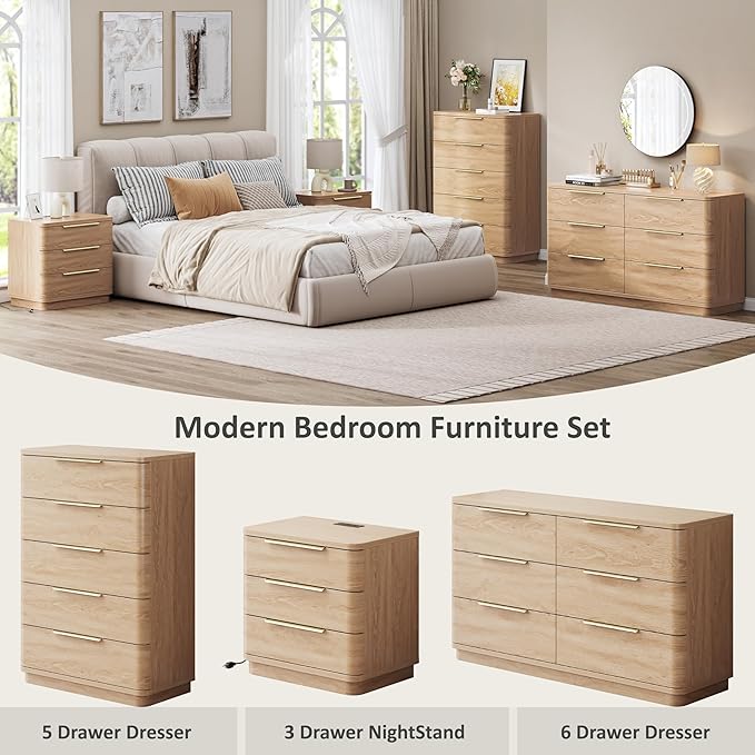 6 Drawer Dresser for Bedroom, 54" Wide Modern Chest of Drawers with Metal Handle, Curved Profile Design, Wooden Oak Dresser Closet Clothes Storage TV Stand for Living Room, Hallway