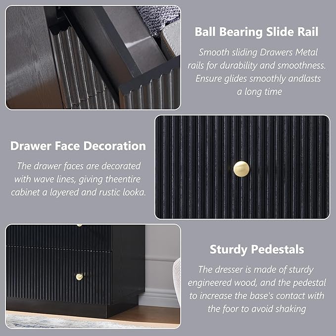 Fluted Dresser for bedroom, 55"W Black 9 Drawer Dressers, Wood Tall Dresser Storage Organizer, Modern Bedroom Chest of Drawers with Deep Storage for Closet Hallway, Entryway, Living Room Black