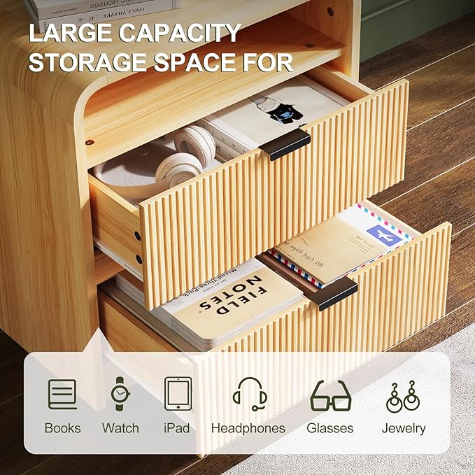 FURSUN 24" Fluted Nightstand with Charging Station, Wooden End Table with 2 Drawers Storage, Curved Profile Design, Modern Bedside Cabinet for Bedroom, Natural Oak