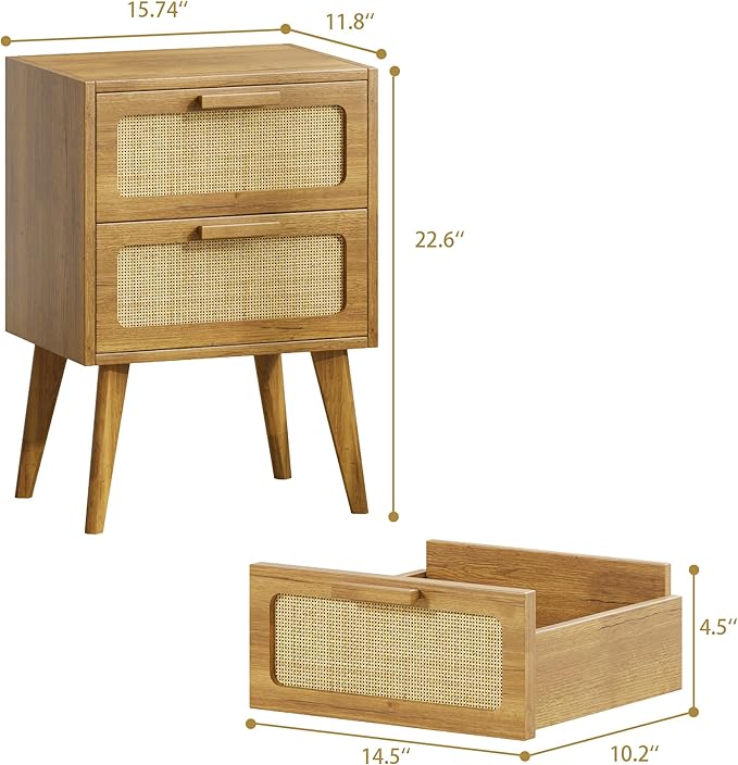 YAUKOMEL Rattan Nightstand,End Table, Side Table with 2 Hand Made Rattan Decorated Drawers,Boho Bedside Table,Wood Accent Table with Storage for Livingroom, Bedroom, Toffee Wood CTG59T