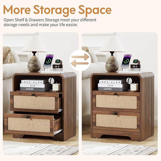Modern Night Stand with Charging Station and 2 Drawers, Wooden Side Table Curved Nightstands with USB/Type-C Ports, Large Mid Century End Table for Living Room, Bedroom, Nature Linen, Walnut