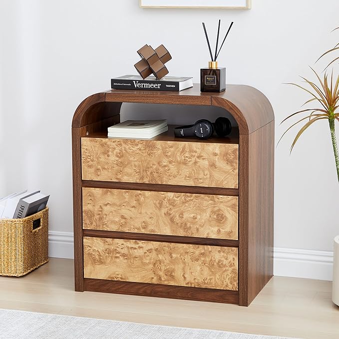 3 Drawer Dresser for Bedroom, Modern Chest of Drawers with Open Shelf, Burl Wood Tall Nightstand End Table for Living Room, Hallway (Walnut)