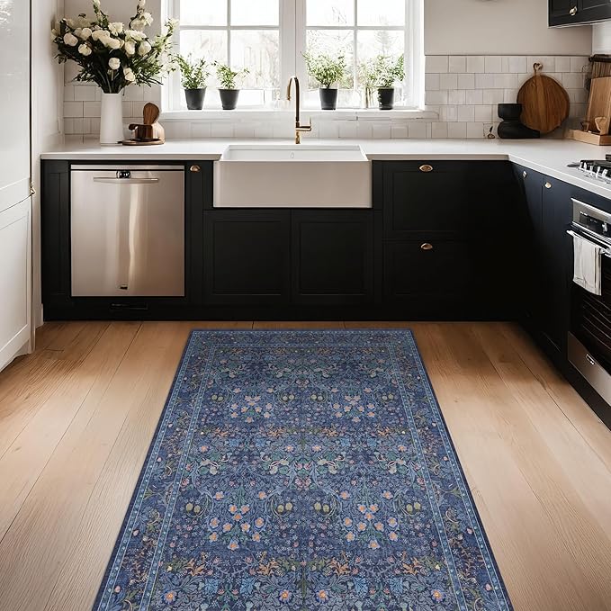 Vintage Dark Blue 3x4 Entryway Rug, Washable Small Area Rugs for Kitchen, Bedroom, Oriental Low Pile Stain Resistant Non-Slip Large Rug