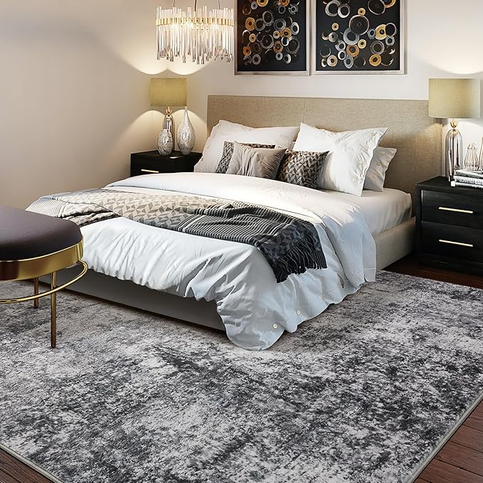 Area Rug Living Room Rugs - 6x9 Large Soft Indoor Neutral Modern Abstract Low Pile Washable Rug Carpet for Bedroom Dining Room Farmhouse Home Office - Grey