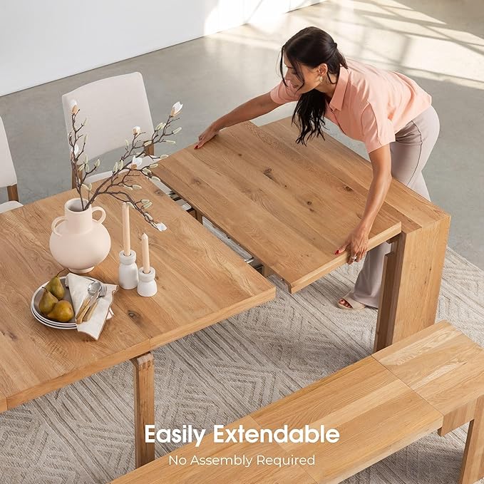 Transformer Table - Solid Wood Extendable Dining Table with Bench and 4 Stackable Chairs, Seats 2-12, Expandable Table, Natural (Table + Bench + 4 Chairs)