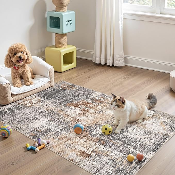 Washable Area Rug: 3x5 ft Abstract Small Rugs for Entryway Kitchen Living Room Bedroom - Non Slip Modern Neutral Carpet Indoor Front Door - Grey Brown