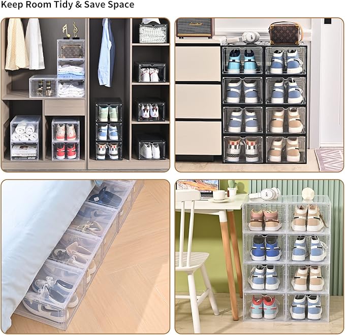 KEFA 8 Pack XXL Large Shoe Storage Box Fit for Size US 15, Shoe Organizer Clear Plastic Shoe Boxes (8 PACK CLEAR)