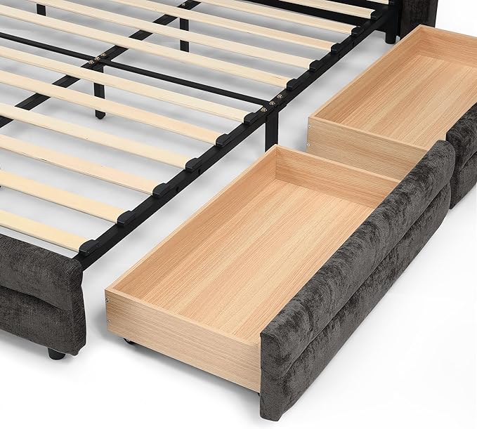 DEINPPA King Size Bed Frame with 4 Storage Drawers and Cloud Soft Headboard, Chenille Upholstered Grounded Wood Base Bed Frame, No Box Spring Needed-Dark Grey