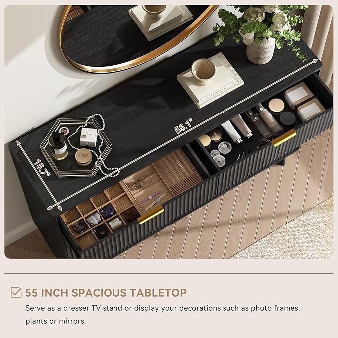 CARPETNAL Fluted 8 Drawer Dresser for Bedroom, 55" Wide Wooden Chest of Drawers with Rounded Corners, Gold Handles, Modern Storage Organizer for Bedroom, Hallway(Black)