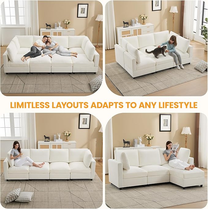 116'' 4-Seater Modular Sectional Cloud Sofa with 2 Ottomans, U-Shaped Couch for Living Room, Modern Deep Seat Sofa with Soft Back Cushions, Chenille Beige