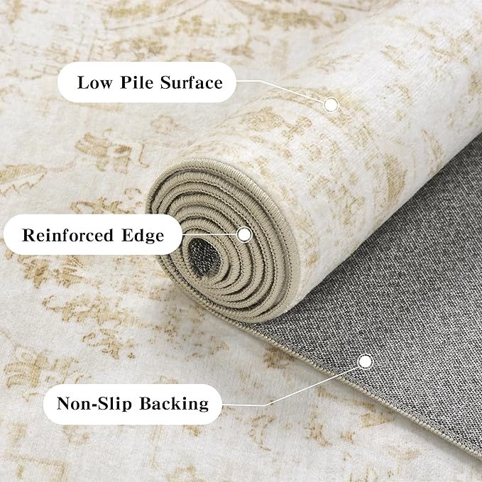 8x10 Vintage Washable Area Rugs Boho Medallion Large Distressed Retro Accent Carpet Floral Non-Slip Soft Low Pile Indoor Throw Rug for Living Room Bedroom Dining Room Office Kitchen, Beige