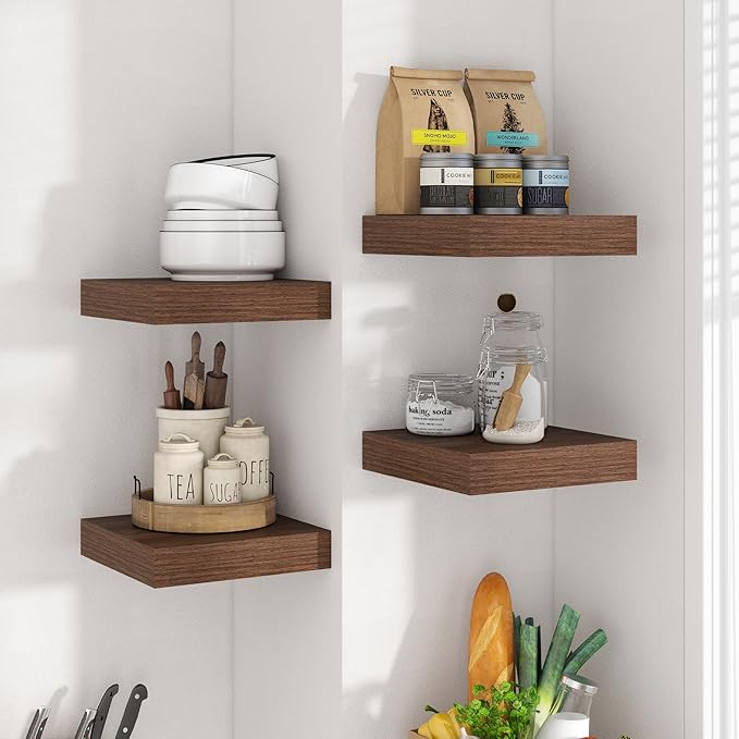 Axeman Square Floating Shelves for Wall, 8" W x 8" D x 1.4" H Rustic Wooden Wall Shelves, 4 Pack Wall Mounted Floating Shelf with Invisible Brackets for Living Room, Bathroom, Kitchen, Walnut Color