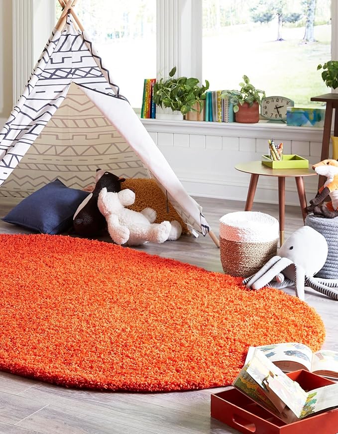Unique Loom Solid Shag Collection Area Rug (5' 1" x 8' Oval, Tiger Orange)