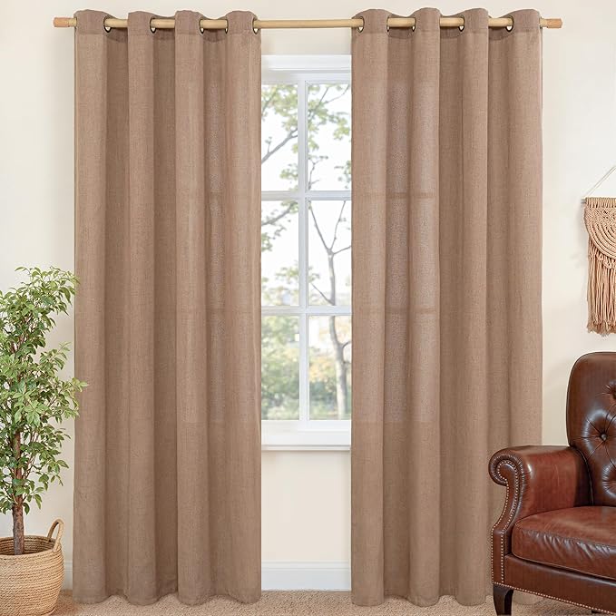 YoungsTex Mocha Brown Linen Curtains 84 Inch Length for Living Room Window, Light Filtering Drapes with Grommet Semi Sheer Rustic for Bedroom, 2 Panels, 52 X 84 Inch