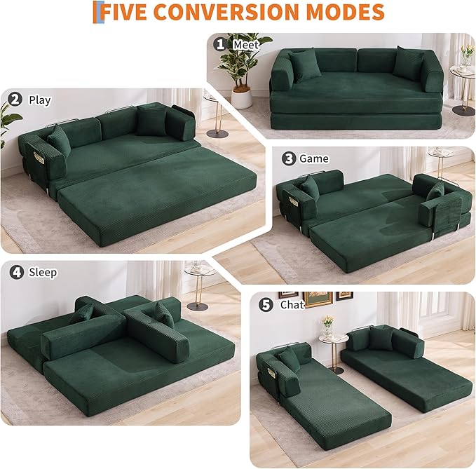 Garvee 5-in-1 Convertible Sofa Bed, 78.8" Modular Corduroy Sleeper with Sturdy Frame & No Assembly, Multi-Functional Futon for Small Space, Living Room & Guest Room (Dark Green)