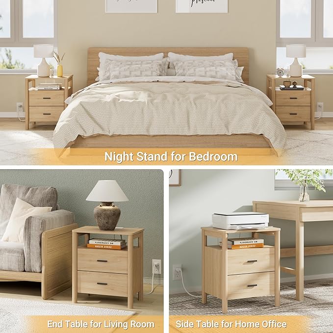 FavourLife Night Stand, 20" Wide Nightstand, Modern Large Nightstand with Charging Station, 2 Drawer Wooden End Table with Solid Round Post Legs & Open Shelf, Bedside Table for Bedroom, Natural Oak