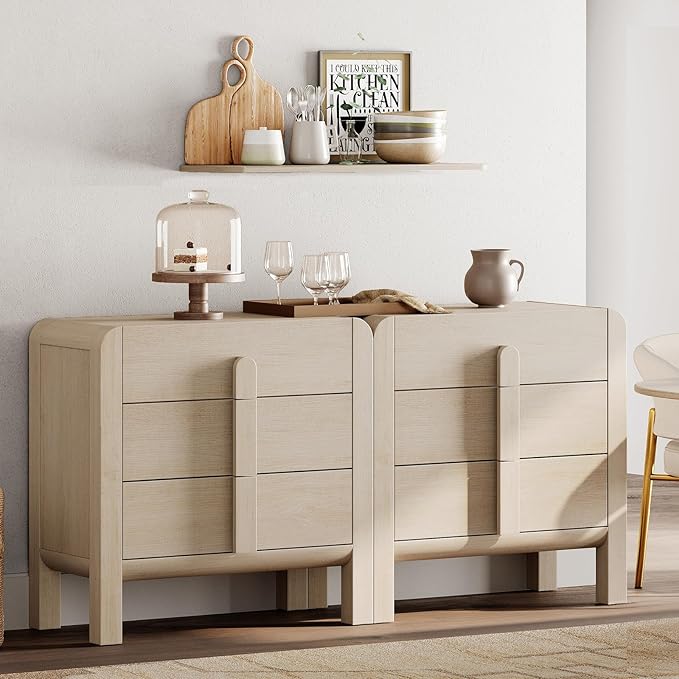 WAMPAT 6 Drawer Dresser for Bedroom, 2 in 1 63" Wide Mid Century Modern Wide Chest of Drawer, Wood Tall Nightstand with Curved Edge Handles, Closet Dresser TV Stand for Bedroom, Beige