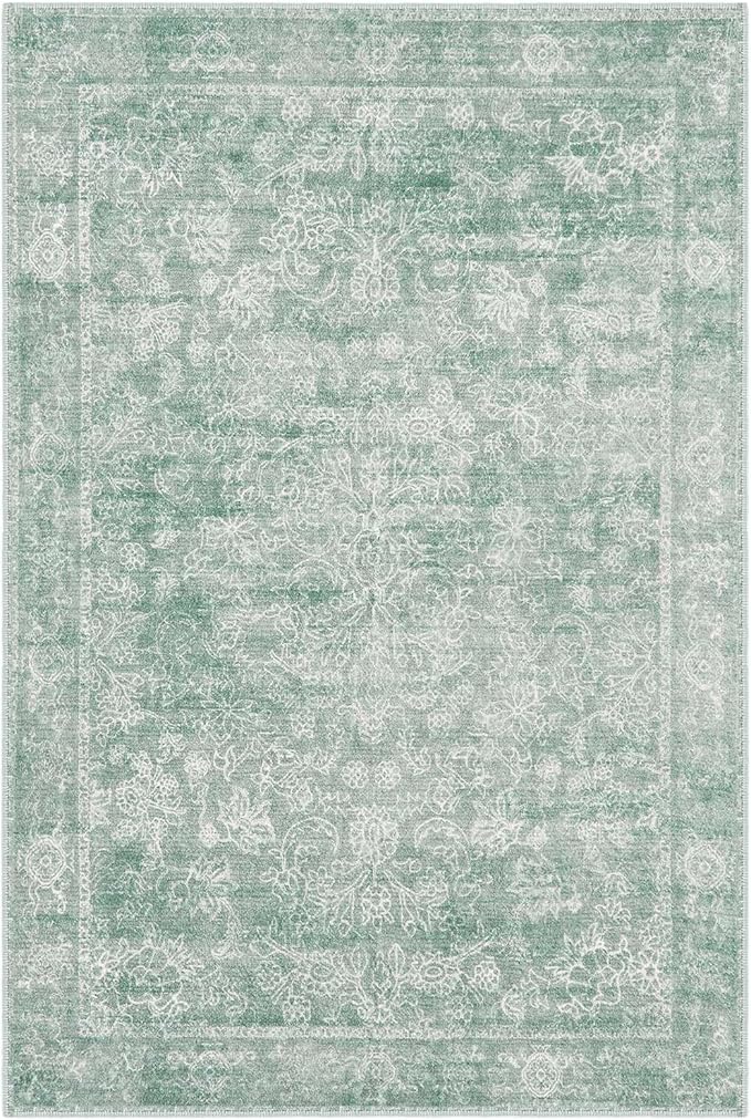 jinchan 8x10 Machine Washable Area Rugs for Living Room – Vintage Floral Soft Stain Resistant Low Pile Rug, Non Slip Ultra-Thin Carpet for Bedroom, Dining Room, Home Office, Nursery (8'x10', Green)