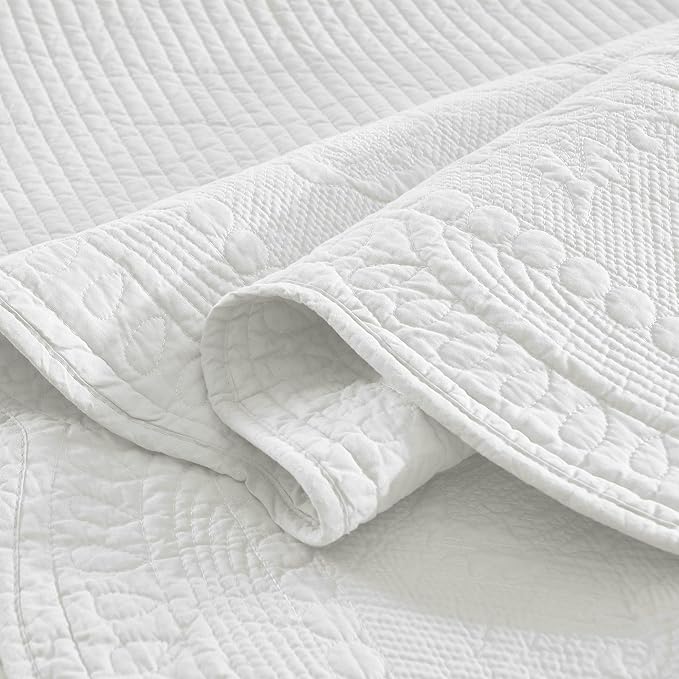 MarCielo 3-Piece 100% Cotton Oversized Bedspread Lightweight Quilt Coverlet Embroidery Farmhouse Bedding Set (TG Bright White, Oversized Queen (100"x106"))