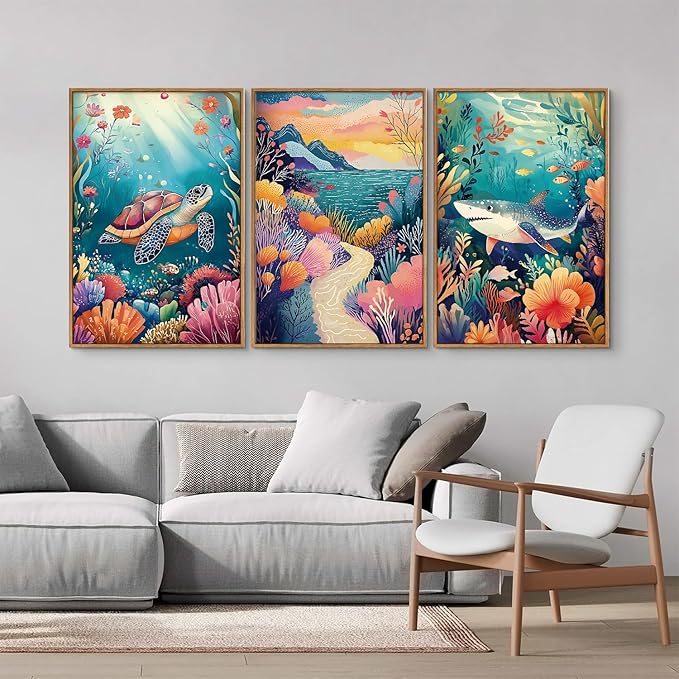 YeeHomedec Large Watercolor Ocean Themed Framed Canvas Wall Art, Sea Turtle Shark Wall Decor, Coastal Nature Landscape Art Print, Marine Life Poster for Kids Nursery Classroom Boys Bedroom 16"x24"x3
