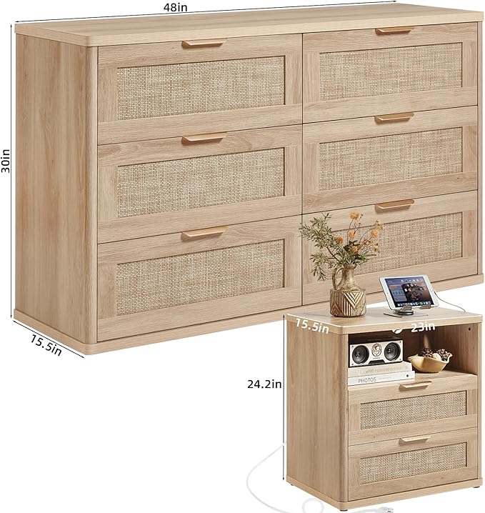 LEYAOYAO Rattan Dresser and Nightstand Set of 2, Boho Wood Dresser for Bedroom with 6 Drawers and Night Stand with Charging Station, Bedroom Furniture, Dressers & Chests of Drawers,Living Room,Hallway