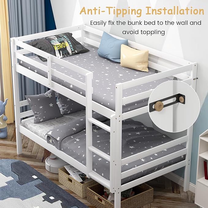Giantex Bunk Bed Twin Over Twin White, Solid Wood Bunk Bed with Sturdy Ladder & 12 Inch Safety Guard Rails, Twin Size Wood Bed Frame for Dormitory, No Box Spring Needed, Bunk Beds for Kids Teens