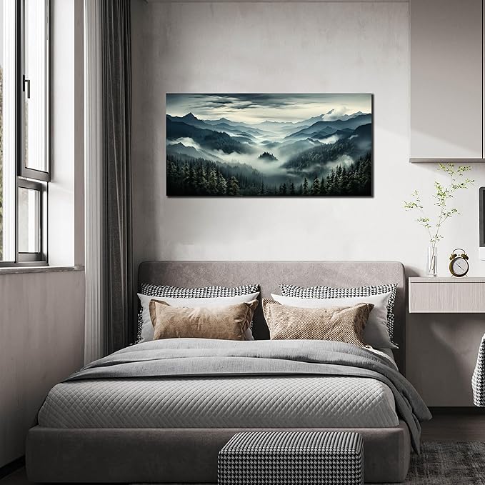 Large Living Room Wall Art Foggy Green Forest Artwork for Bedroom Home Office Nature Pictures Modern Wall Art Framed Canvas Prints 20x40 Inch