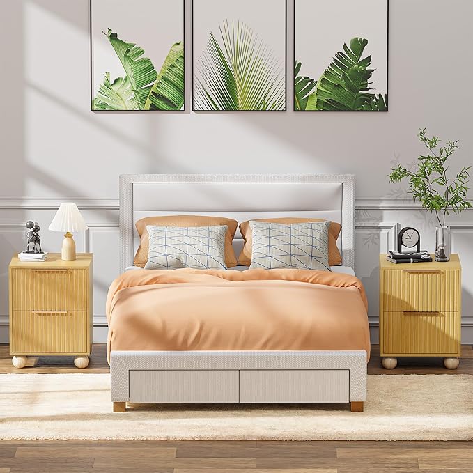 Fluted Nightstand Set of 2, Natural Oak Finish Bedside Table with Spacious Storage Drawers, Night Stand with Solid Wood Round Legs for Bedroom, End Table, Side Table
