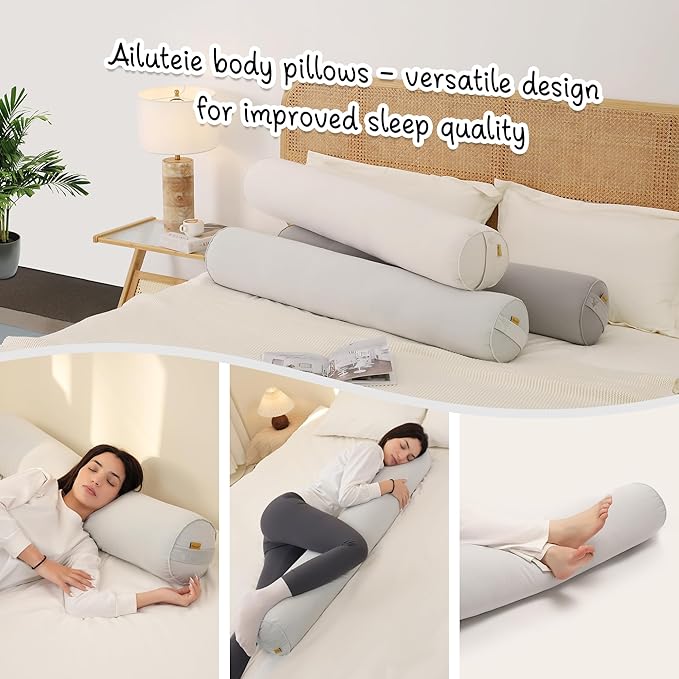 Long Pillow for Bed – Round Bolster Pillow for Adults, Body Pillow for Sleeping, Ergonomic Support,47.24x 7.87 Inches,Silver Gray