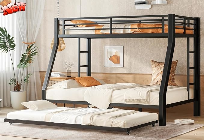Upgraded Version Thicken Heavy Duty Metal Twin Over Full Bunk Bed with Twin Size Trundle, Modern Style Stronger Bunk Bed Frame Twin Over Full Size for Adults, Easy Assembly (Twin/Full)