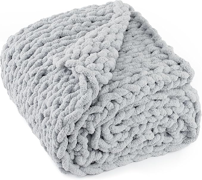 Chunky Knit Throw Blanket 50"X 60", 100% Handmade with Soft Chenille Yarn, 4.4lbs Thick Cable Knitted Blankets, Large Rope Knot Crochet Throws for Couch Sofa Bed Home Decor, Light Grey