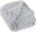 Chunky Knit Throw Blanket 60"X 80", 100% Handmade with Soft Chenille Yarn, 4.4lbs Thick Cable Knitted Blankets, Large Rope Knot Crochet Throws for Couch Sofa Bed Home Decor, Light Grey