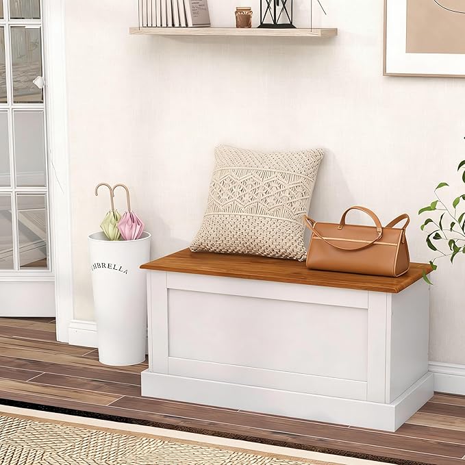 LOKO 35.5” Storage Chest, Lift Top Storage Box with Metal Hinges, Wooden Storage Bench with Safety Hydraulic Strut, Large Farmhouse Storage Trunk for Living Room, Bedroom, Entryway (White & Walnut)