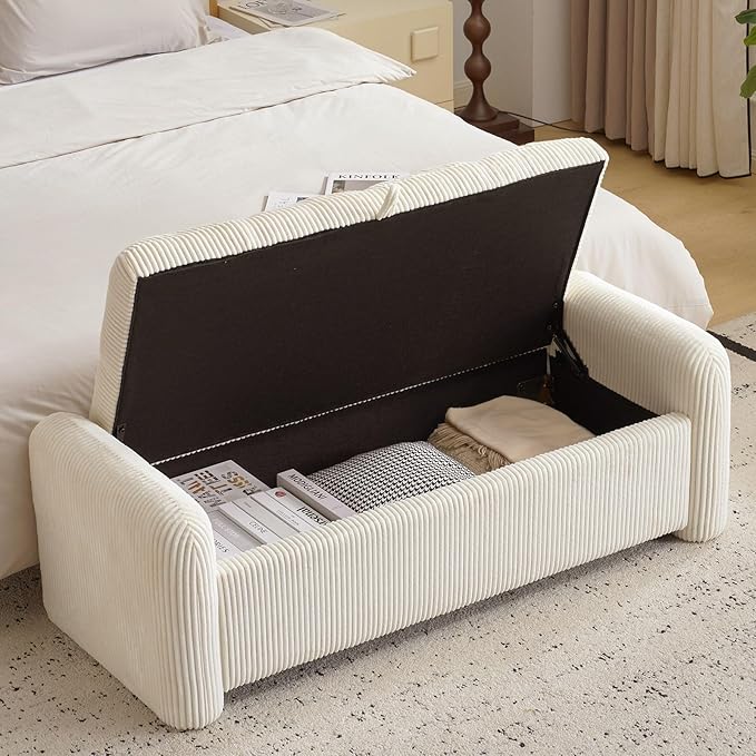 Oversized Corduroy Ottoman Bench with Storage, Upholstered End of Bed Bench for Bedroom, Ottoman Foot Rest for Living Room, Beige