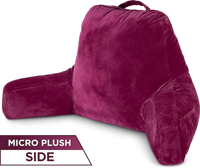 Husband Pillow Aspen Sliding Raspberry, Reading Pillow Bed Rest Chair, Two-Sided Reversible Fabric, Large Lounge Cushion Adult Backrest with Arms, Comfy Back Support for Sit Sitting Up, Washable Cover