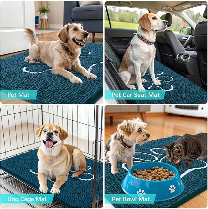 OLANLY Dog Door Mat for Muddy Paws 36x24, Paw Print Design, Absorbs Moisture and Dirt, Absorbent Non-Slip Washable Doormat, Quick Dry Chenille Mud Mat, Entry Indoor Entryway Carpet, Atlantic Blue