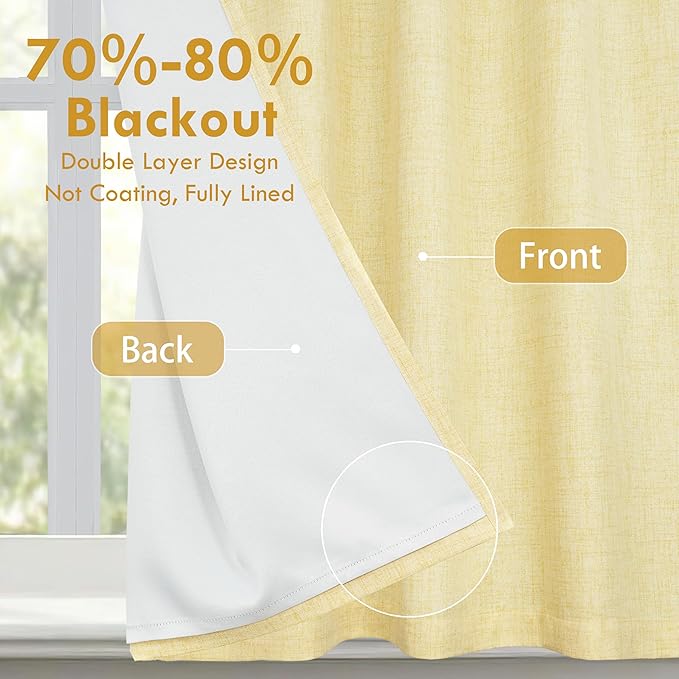 DriftAway Double Layer Linen Blackout Tie Up Curtains Thermal Insulated Fully Lined Balloon Roman Shade Bathroom Window Adjustable Rod Pocket for Small Window 39 Inch by 55 Inch Yellow