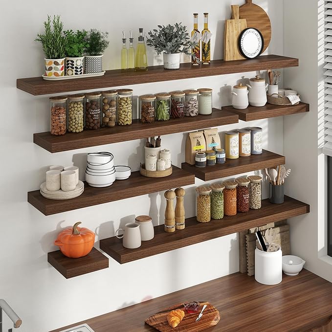 72 Inch Floating Shelves for Wall, 8 Inch Deep Floating Shelf for Storage & Display, Rustic Wall Mounted Shelf with Invisible Brackets for Living Room, Kitchen, Bathroom, Home Decor, Set of 2, Walnut