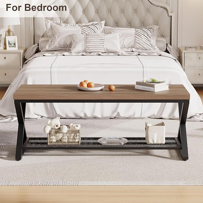 LVB Entryway Bench, Indoor Shoe Bench with Storage and Seating, Wood Metal Storage Bench for Bedroom Living Room, Farmhouse Shoe Rack Bench for Sitting in Hallway Foyer Entrance, Rustic Oak, 47 inch