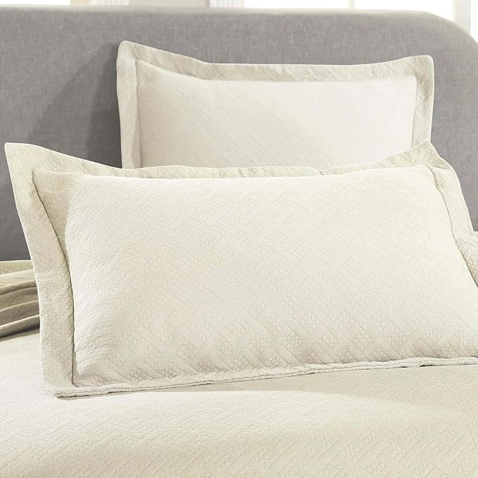 Superior 100% Cotton Basket Weave Bedspread with Shams, All-Season Premium Cotton Matelasse Jacquard Bedding, Quilted-Look Geometric Basket, Full, Ivory
