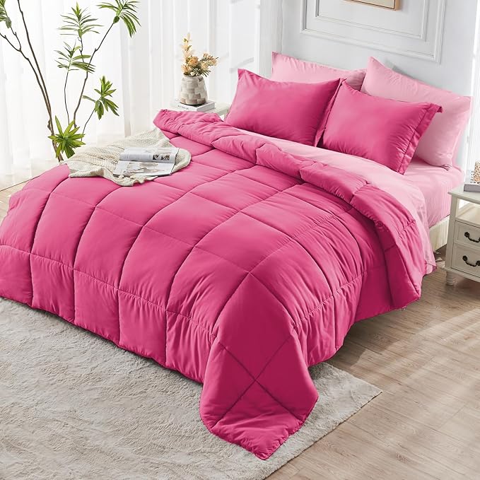 JOLLYVOGUE Twin Comforter Set, Ultra-Soft Bed in a Bag Twin Size 5 Pieces, Oeko-TEX Certified Bedding Set with Down Alternative Comforter, Sheets, Pillowcases & Shams, Hot Pink & Baby Pink