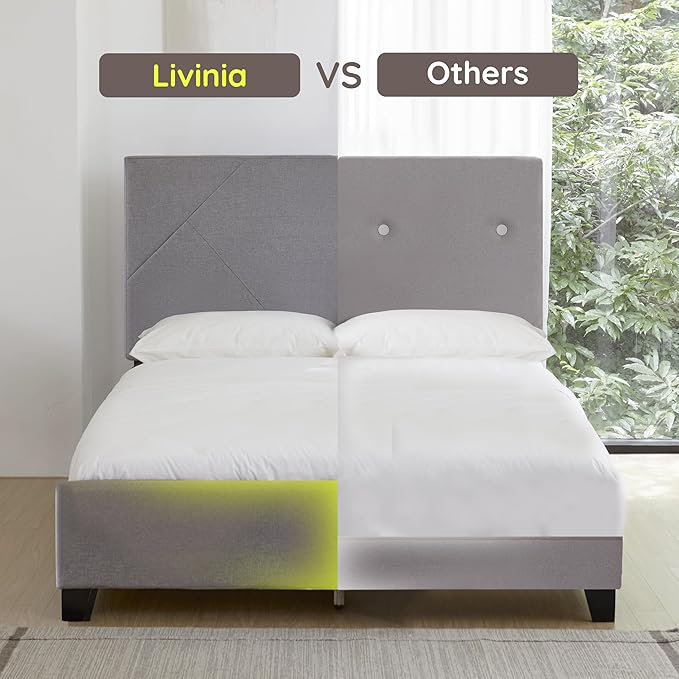 Livinia Stella Twin Size Platform Bed, Fabric Upholstered Twin Bed Frame with Height Adjustable Headboard Footboard, Strong Wood Slats, No Box Spring Needed, Gray (Twin)