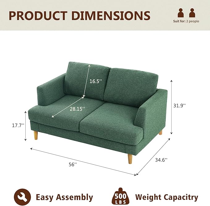 Loveseat Sofa 56", Small Couches for Small Spaces Love Seat with 2-Seat Upholstered Cushion, Mid Century Modern Sofa Couches for Living Room, Deep Couch for Bedroom, Apartment, Green