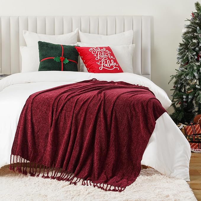 BATTILO HOME Burgundy Chenille Throw Blanket, Decorative Red Knit Throw with Fringe, Lightweight for Christmas Decor, 50"x60"