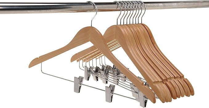 Quality Wooden Skirt Hangers with Clips, 10-Pack Smooth Solid Wood Pants Hangers with Durable Adjustable Metal Clips, Swivel Hook, Coat, Jacket, Blouse Suit Hangers (Natural, 10)