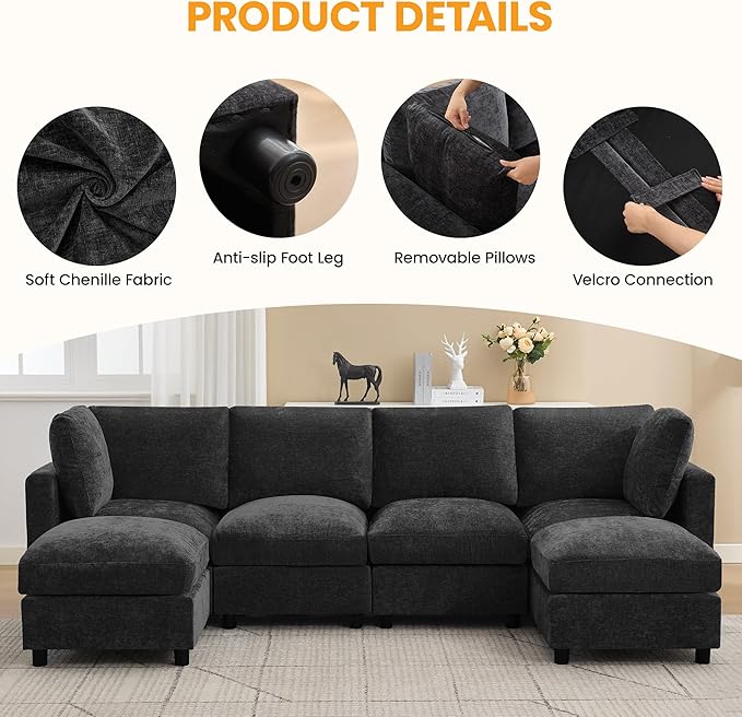 89'' 3-Seater Modular Sectional Cloud Sofa with Ottoman, L-Shaped Couch for Living Room, Modern Convertible Deep Seats Sofa, Chenille Dark Grey