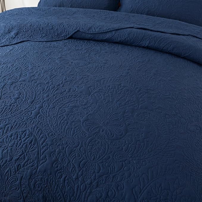 HoneiLife Quilt Sets King Size - Microfiber Bedspreads for King Bed, 3-Piece Lightweight Coverlets, Retro Bedlinen Sets, King Quilt Bedding Set All Season Use-Navy
