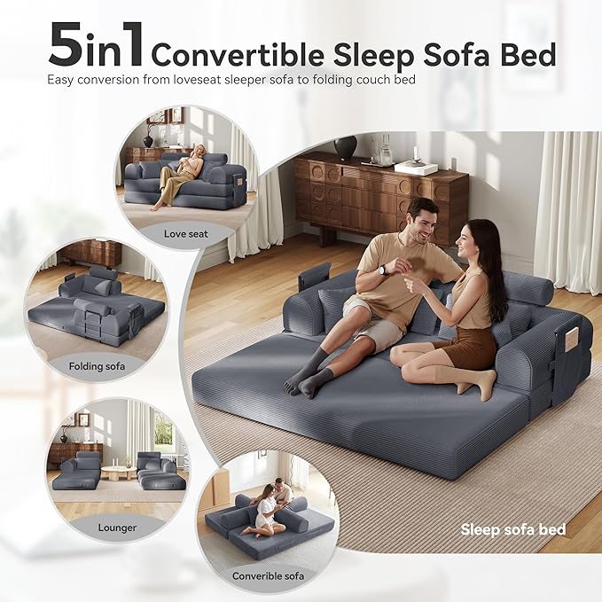 Upgrade High Backrest Design Sofa Bed with Fixed-Shape Frame & Removable Armrests and Backrest, Corduroy Fabric, Convertible Couch for Small Spaces - No Assembly Needed (High Backrest Dark Gray)