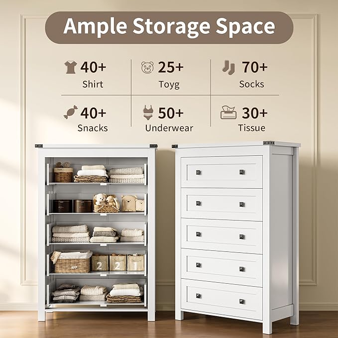 Dresser for Bedroom with 5 Drawers, Tall Wood Chest of Drawers, Modern Farmhouse Closet Clothes Organizer, Storage Tower Cabinet with Metal Handles for Hallway, Living Room, Entryway, White