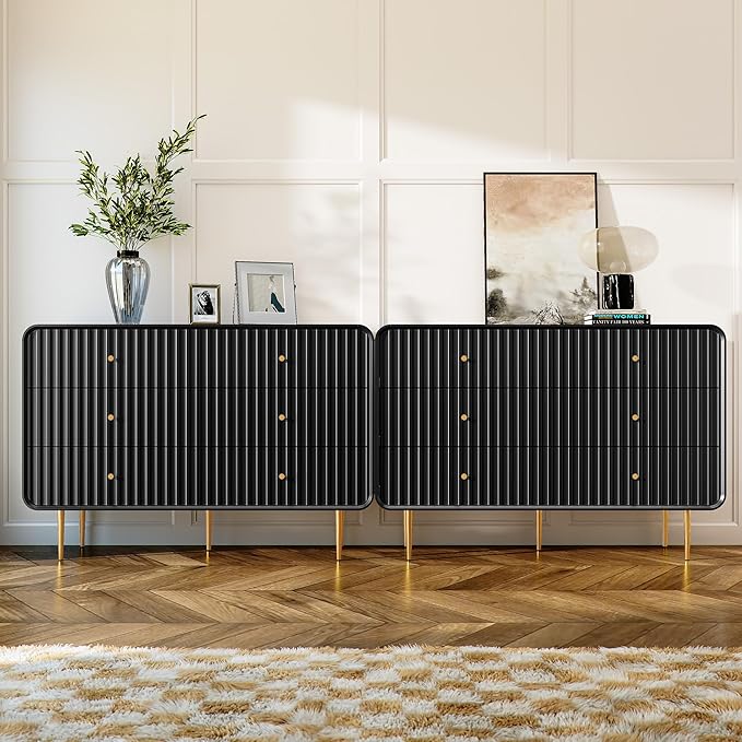 HLR Fluted 6 Drawers Dresser, 48'' Wide Modern Chest of Drawers with Gold Metal Handles,Dresser TV Stand, Wood Dressers & Chest of Drawers for Bedroom, Living Room, Hallway (Black)
